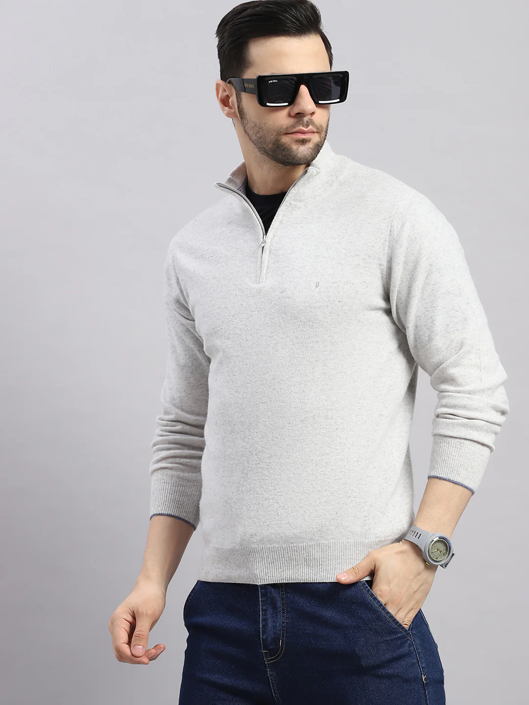 Luxuria Men Light Grey Solid Collar Full Sleeve Pullover - Image 6