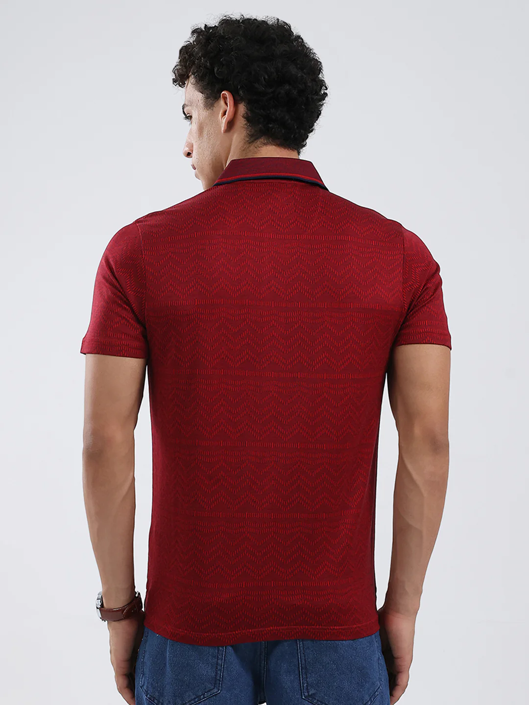 Luxuria Men Maroon Self Design Collar Half Sleeve T-Shirt - Image 5