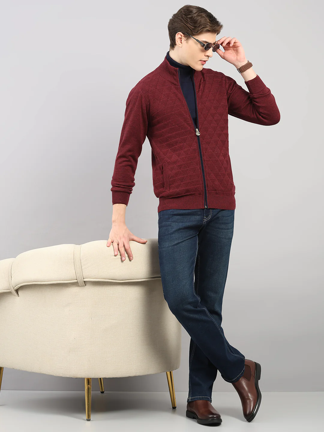 Luxuria Men Maroon Self Design Round Neck Full Sleeve Pullover - Image 2