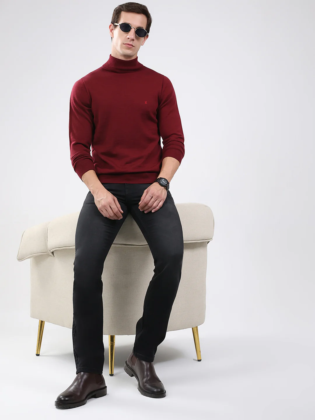 Luxuria Men Maroon Solid High Neck Full Sleeve Pullover - Image 2