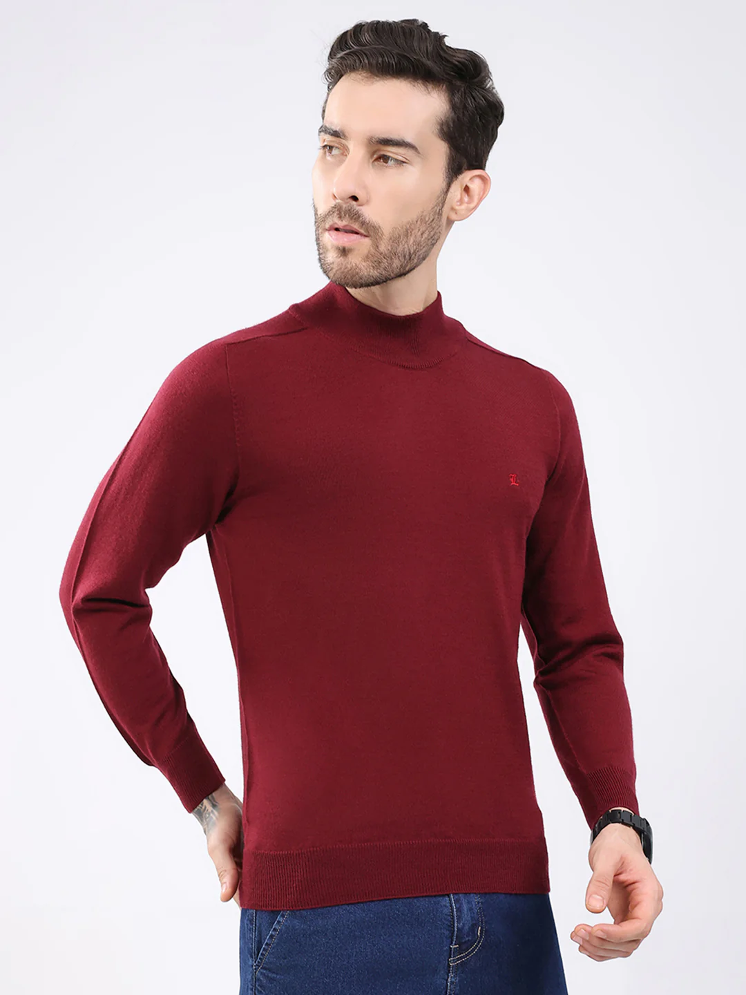 Luxuria Men Maroon Solid High Neck Full Sleeve Pullover - Image 4
