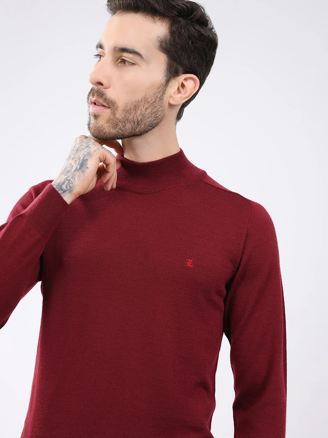 Luxuria Men Maroon Solid High Neck Full Sleeve Pullover - Image 7