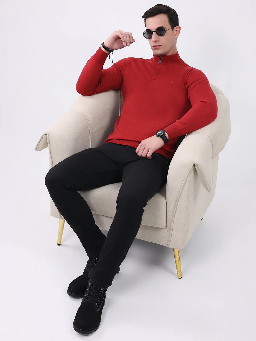 Luxuria Men Maroon Solid Mock Neck Full Sleeve Pullover - Image 2