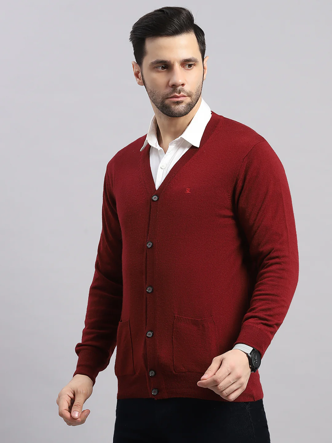 Luxuria Men Maroon Solid V Neck Full Sleeve Cardigan - Image 3