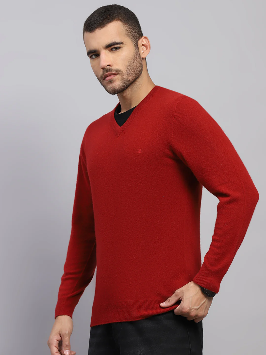 Luxuria Men Maroon Solid V Neck Full Sleeve Pullover - Image 3