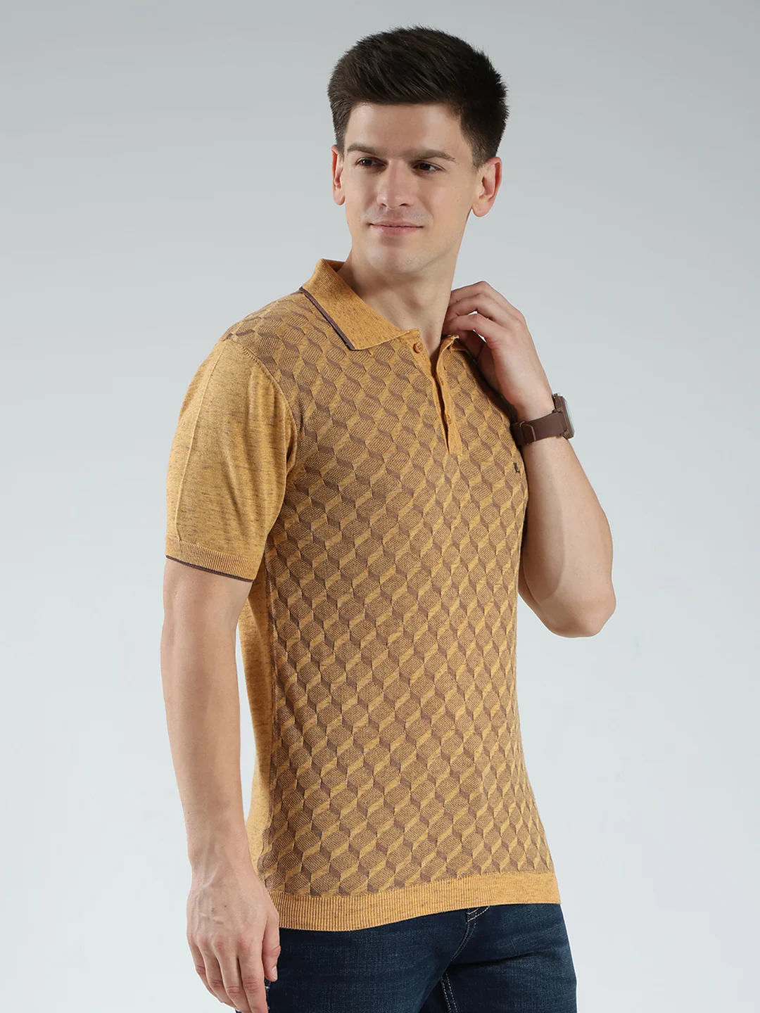 Luxuria Men Mustard Printed Collar Half Sleeve T-Shirt - Image 4