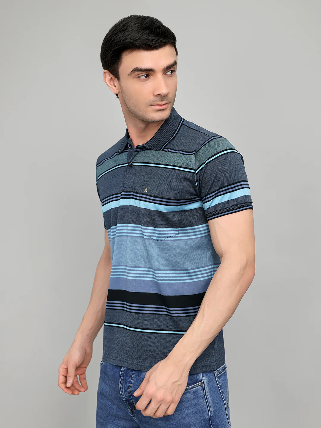 Luxuria Men Navy Blue Printed Collar Half Sleeve T-Shirt - Image 2