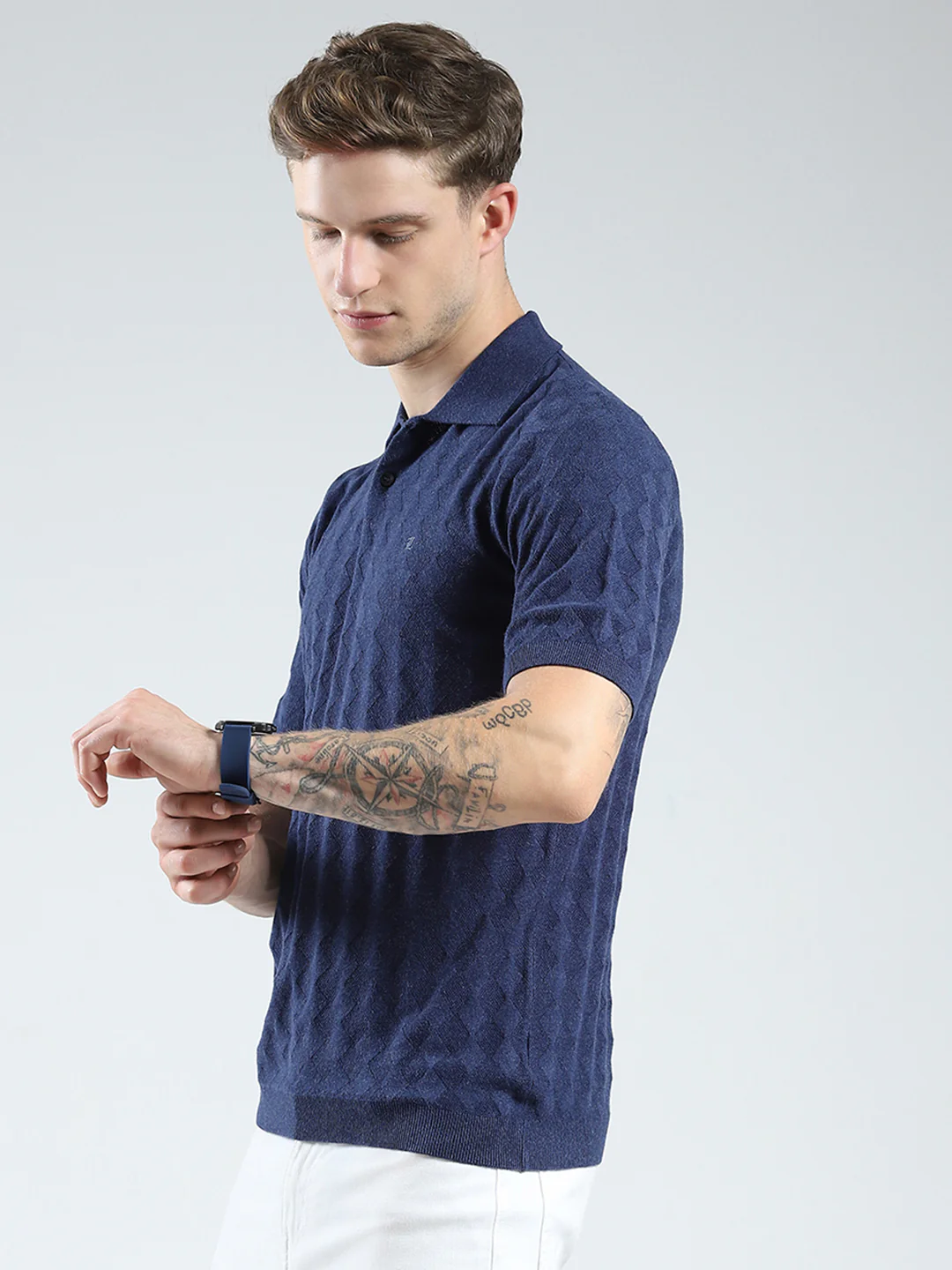 Luxuria Men Navy Blue Self Design Collar Half Sleeve T-Shirt - Image 3