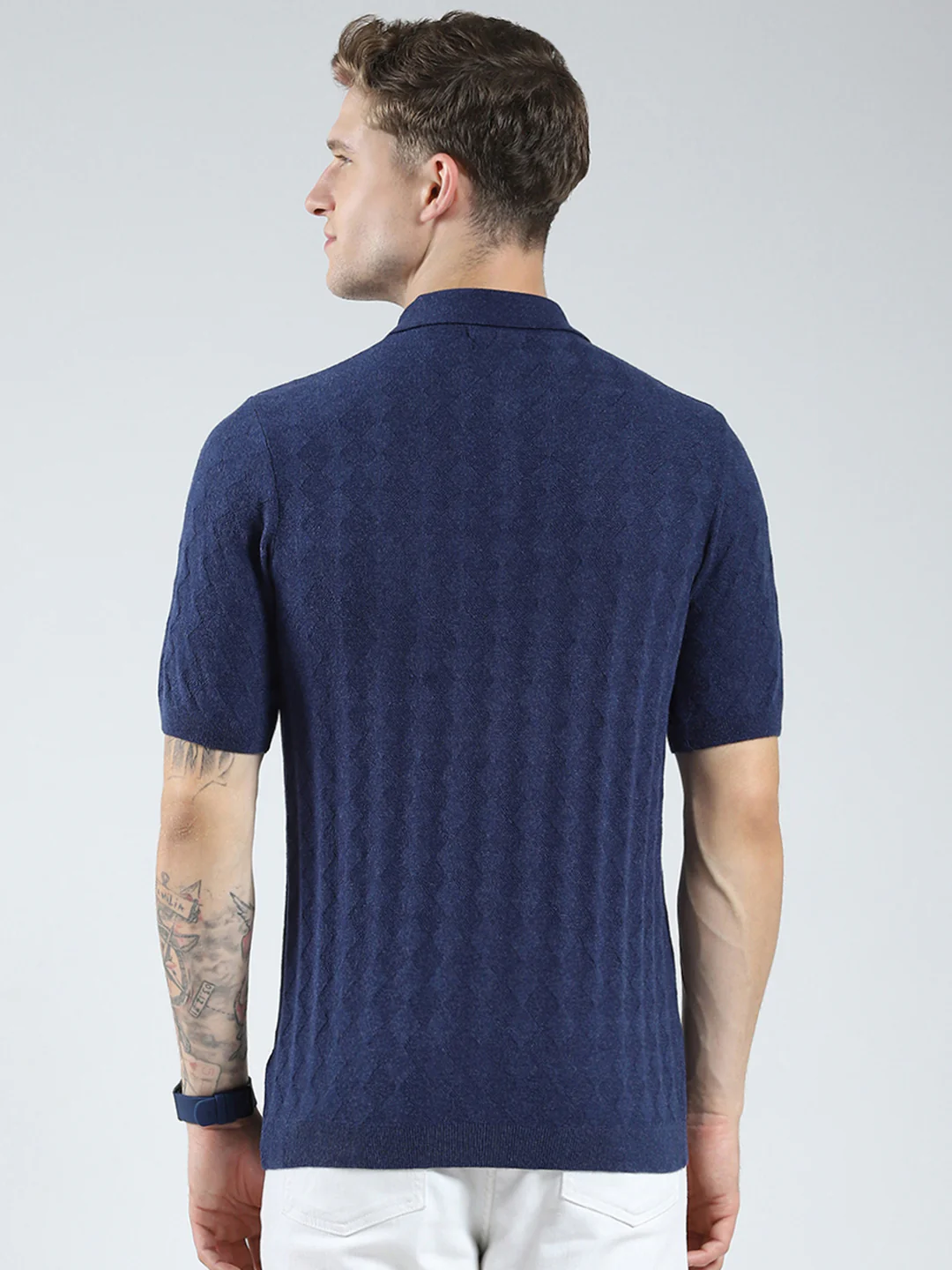 Luxuria Men Navy Blue Self Design Collar Half Sleeve T-Shirt - Image 5