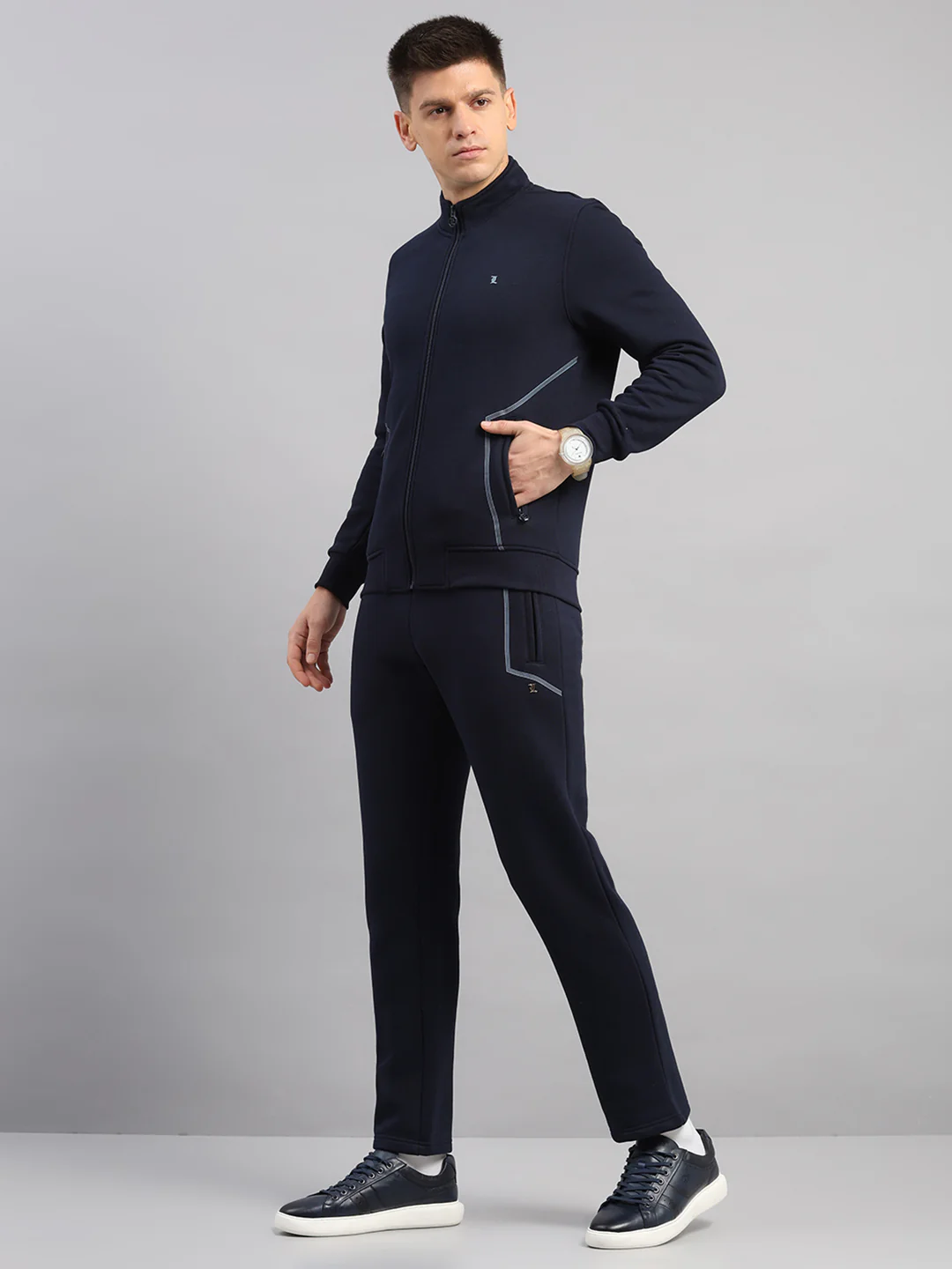 Luxuria Men Navy Blue Solid Collar Full Sleeve Winter Tracksuit - Image 3