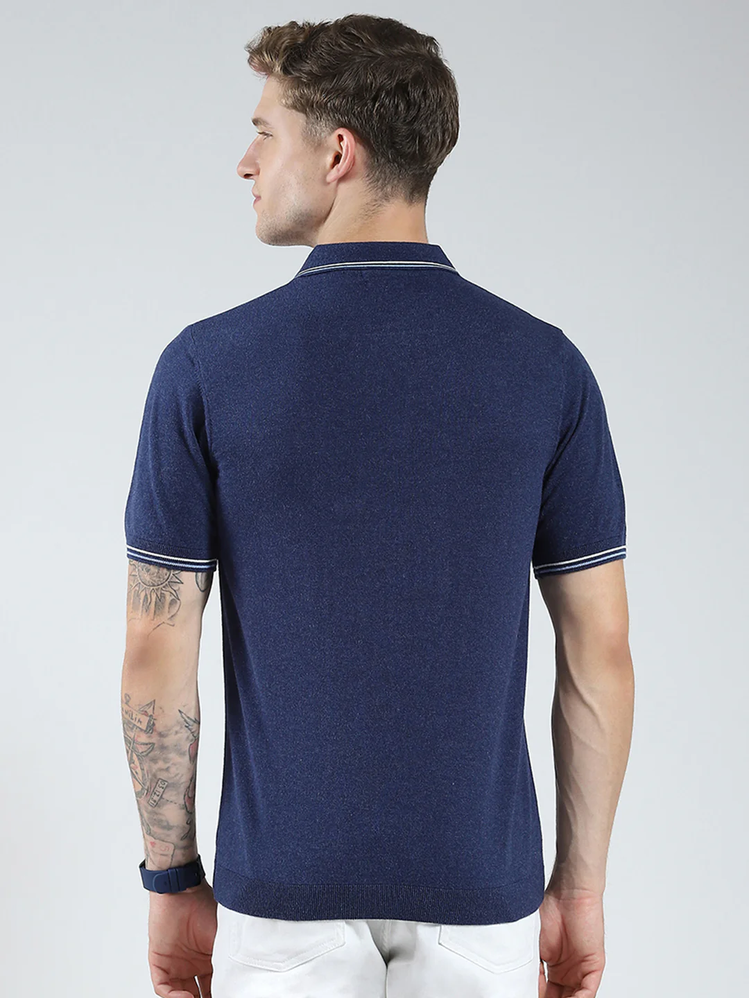 Luxuria Men Navy Blue Solid Collar Half Sleeve T-Shirt - Image 5
