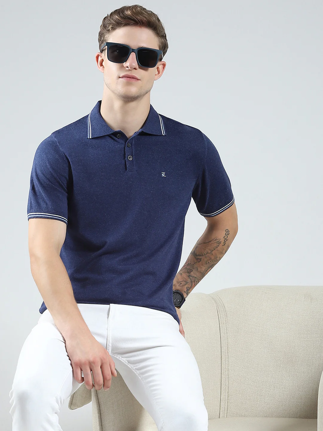 Luxuria Men Navy Blue Solid Collar Half Sleeve T-Shirt - Image 6