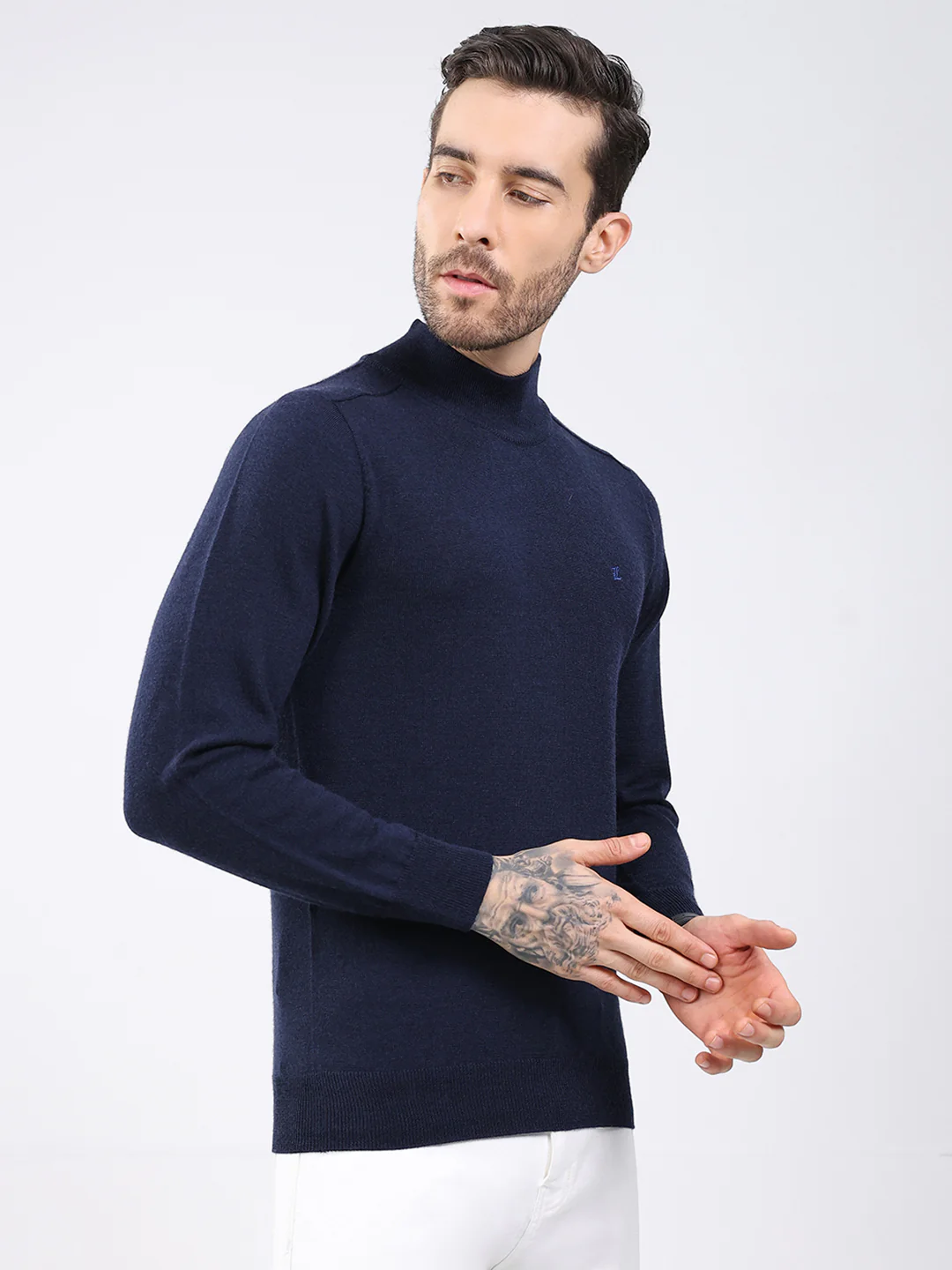 Luxuria Men Navy Blue Solid High Neck Full Sleeve Pullover - Image 4