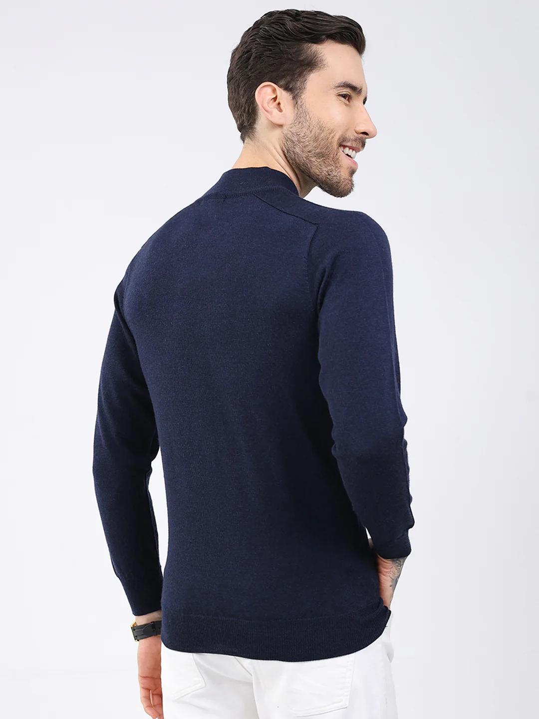 Luxuria Men Navy Blue Solid High Neck Full Sleeve Pullover - Image 5