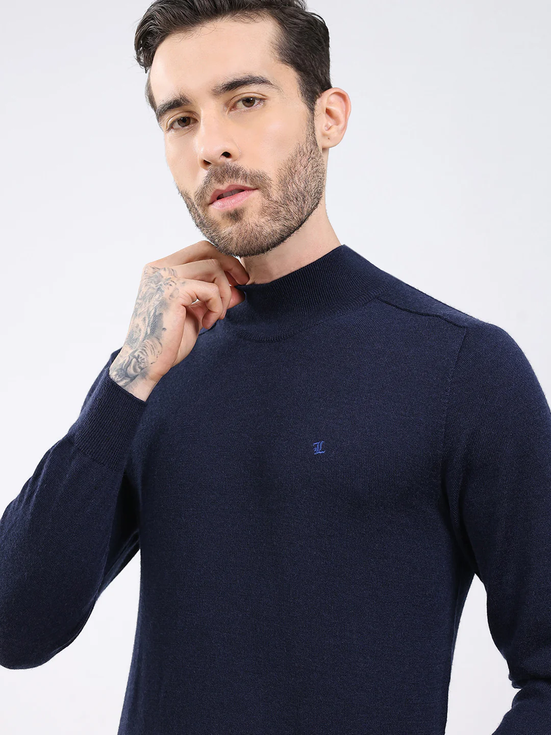 Luxuria Men Navy Blue Solid High Neck Full Sleeve Pullover - Image 7