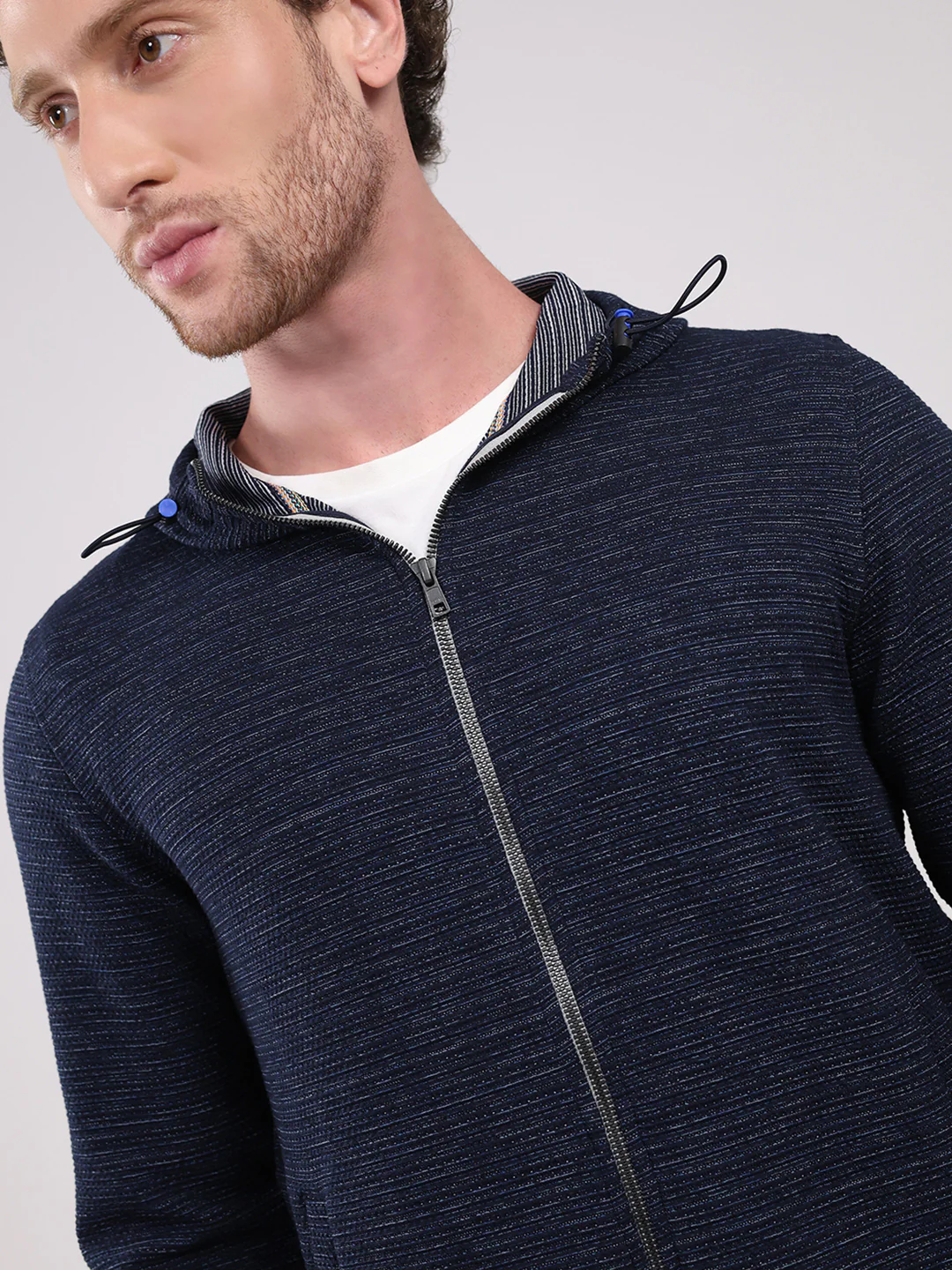 Luxuria Men Navy Blue Solid Hooded Full Sleeve Sweatshirt - Image 6