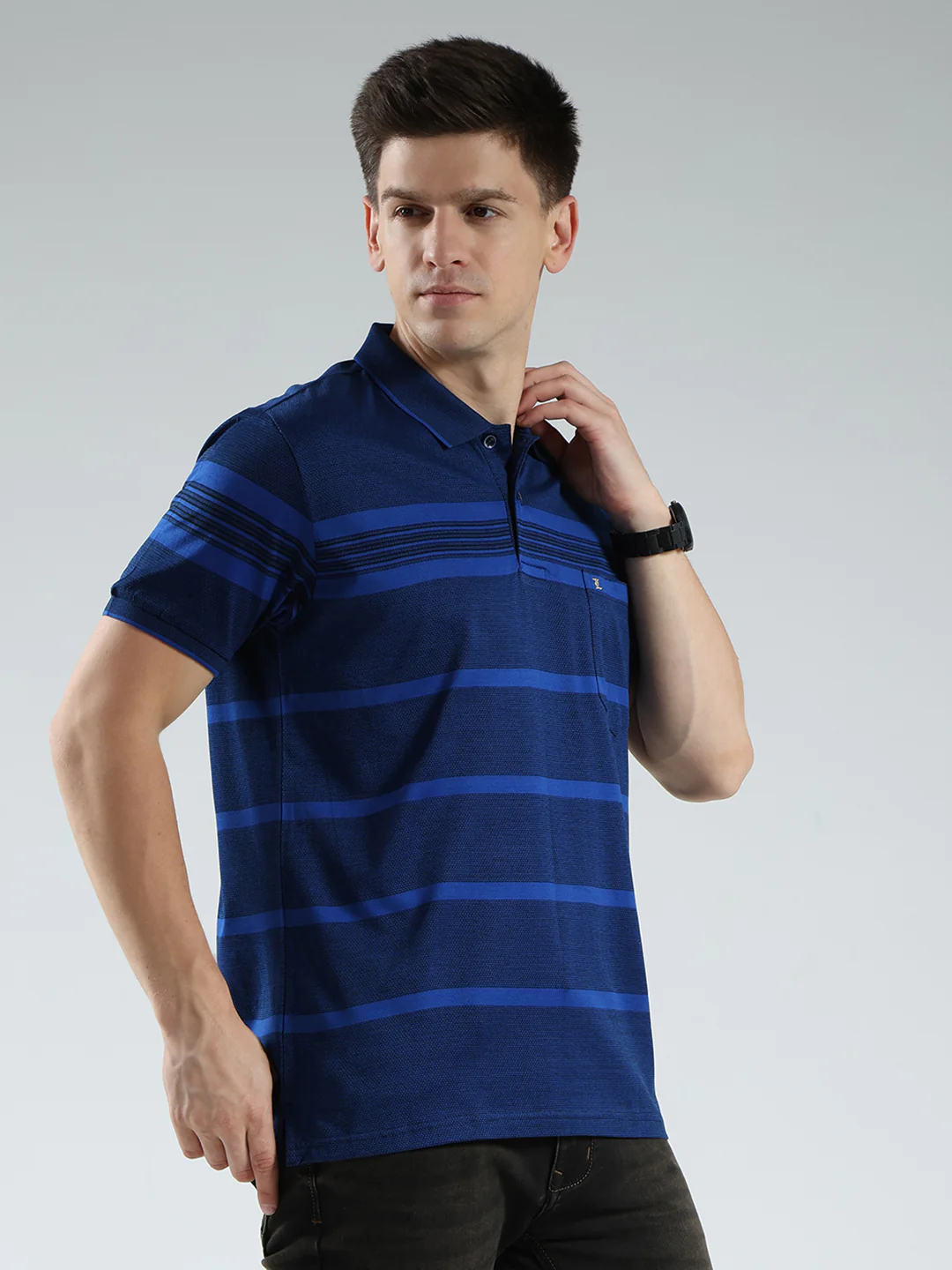 Luxuria Men Navy Blue Stripe Collar Half Sleeve T-Shirt - Image 4