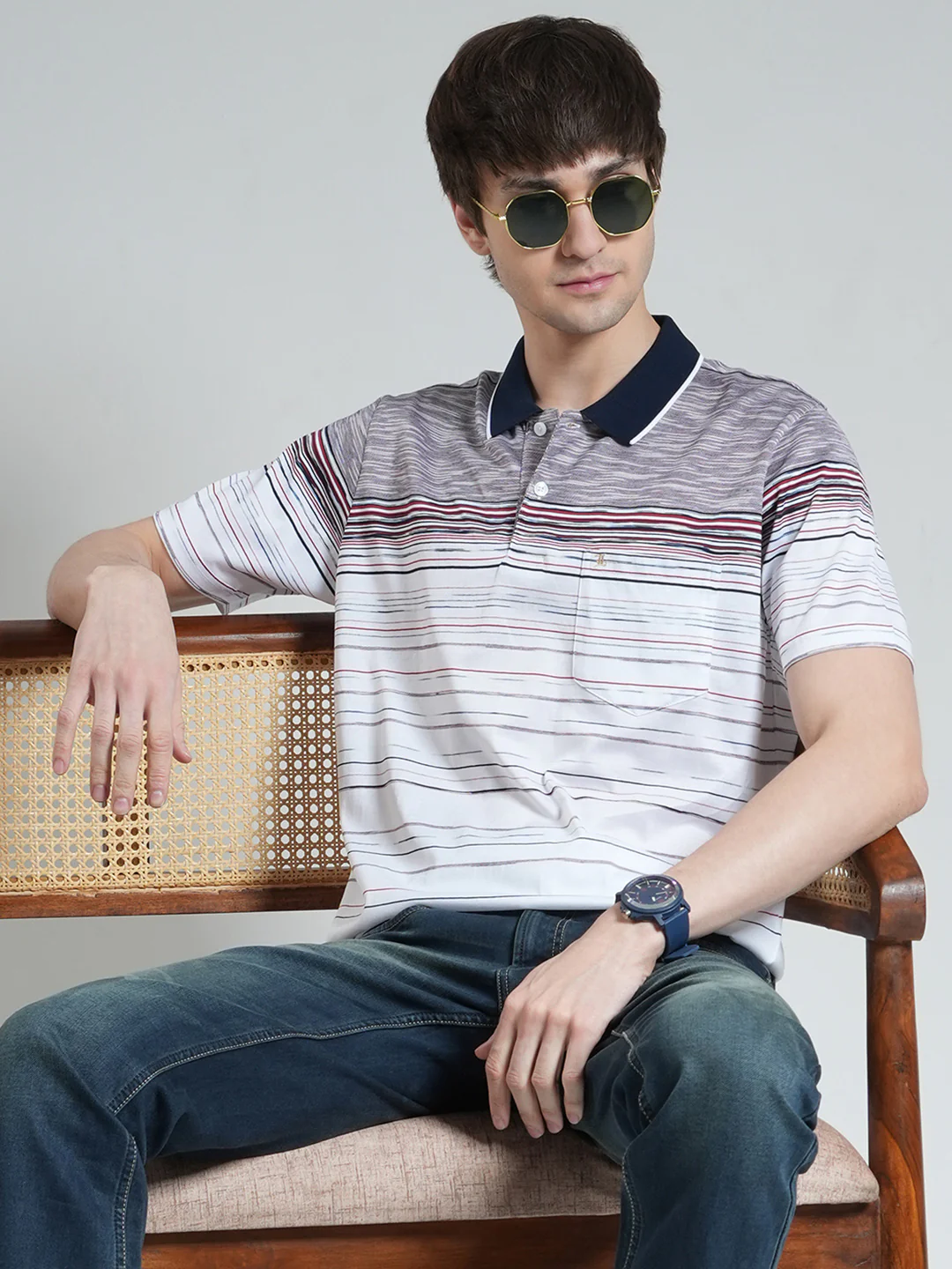 Luxuria Men Off White Stripe Collar Half Sleeve T-Shirt - Image 6