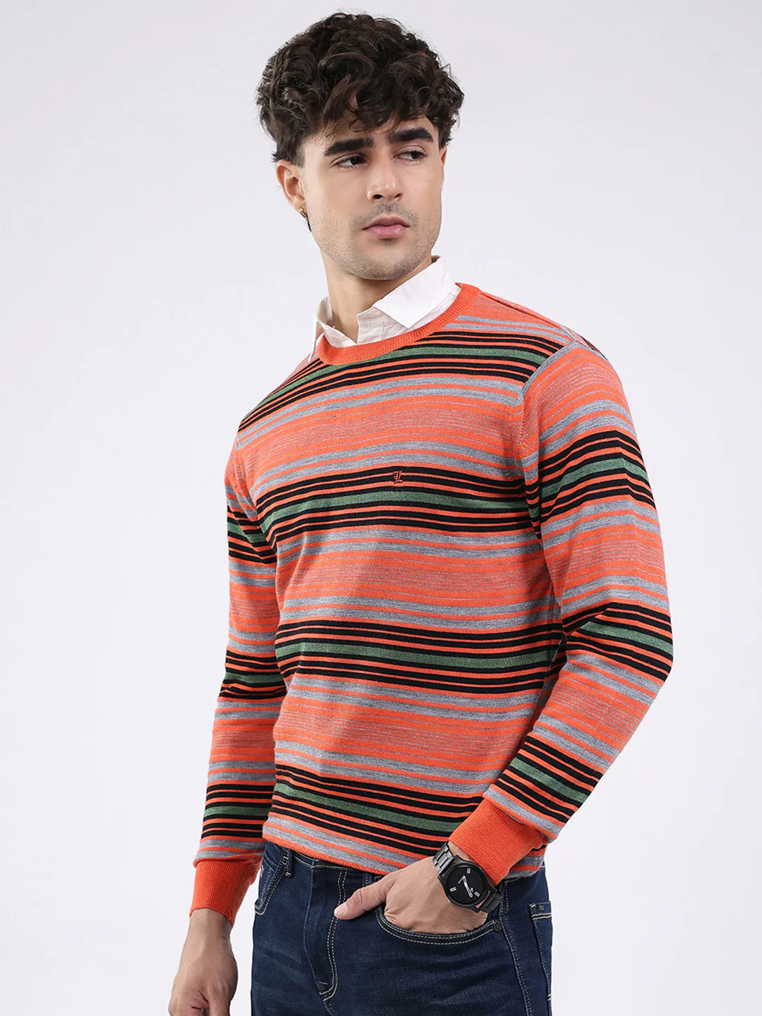 Luxuria Men Orange Self Design Round Neck Full Sleeve Pullover - Image 3