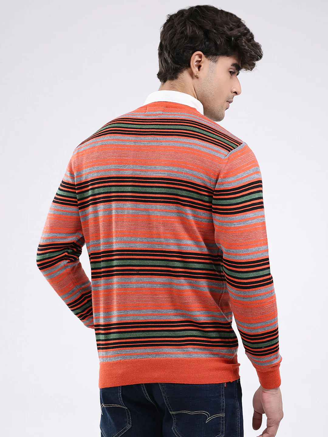 Luxuria Men Orange Self Design Round Neck Full Sleeve Pullover - Image 5