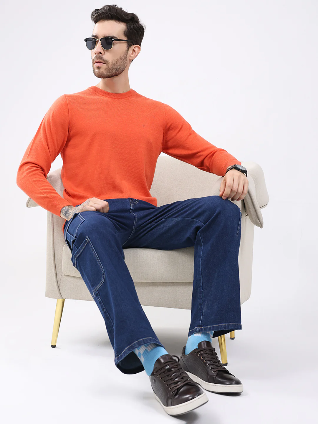 Luxuria Men Orange Solid Round Neck Full Sleeve Pullover - Image 2