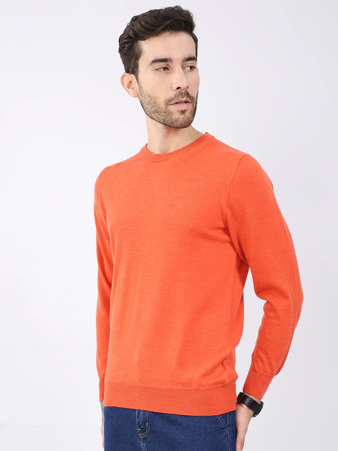 Luxuria Men Orange Solid Round Neck Full Sleeve Pullover - Image 3