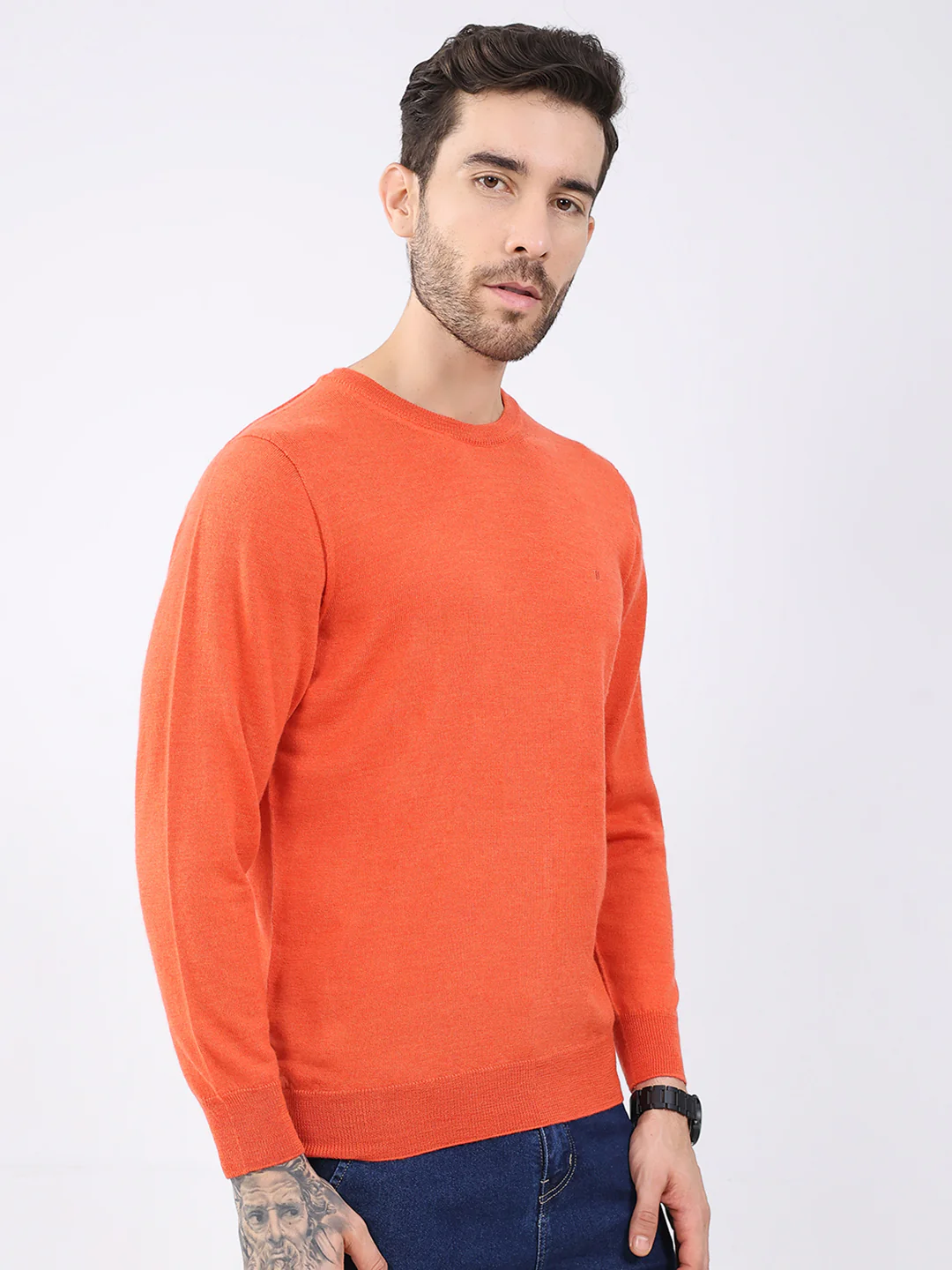 Luxuria Men Orange Solid Round Neck Full Sleeve Pullover - Image 4
