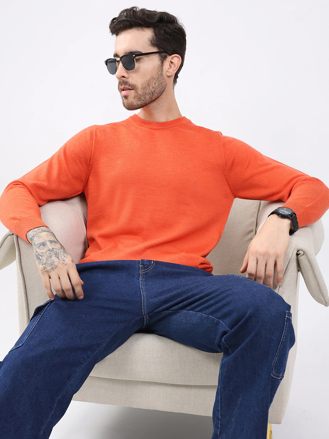 Luxuria Men Orange Solid Round Neck Full Sleeve Pullover - Image 6