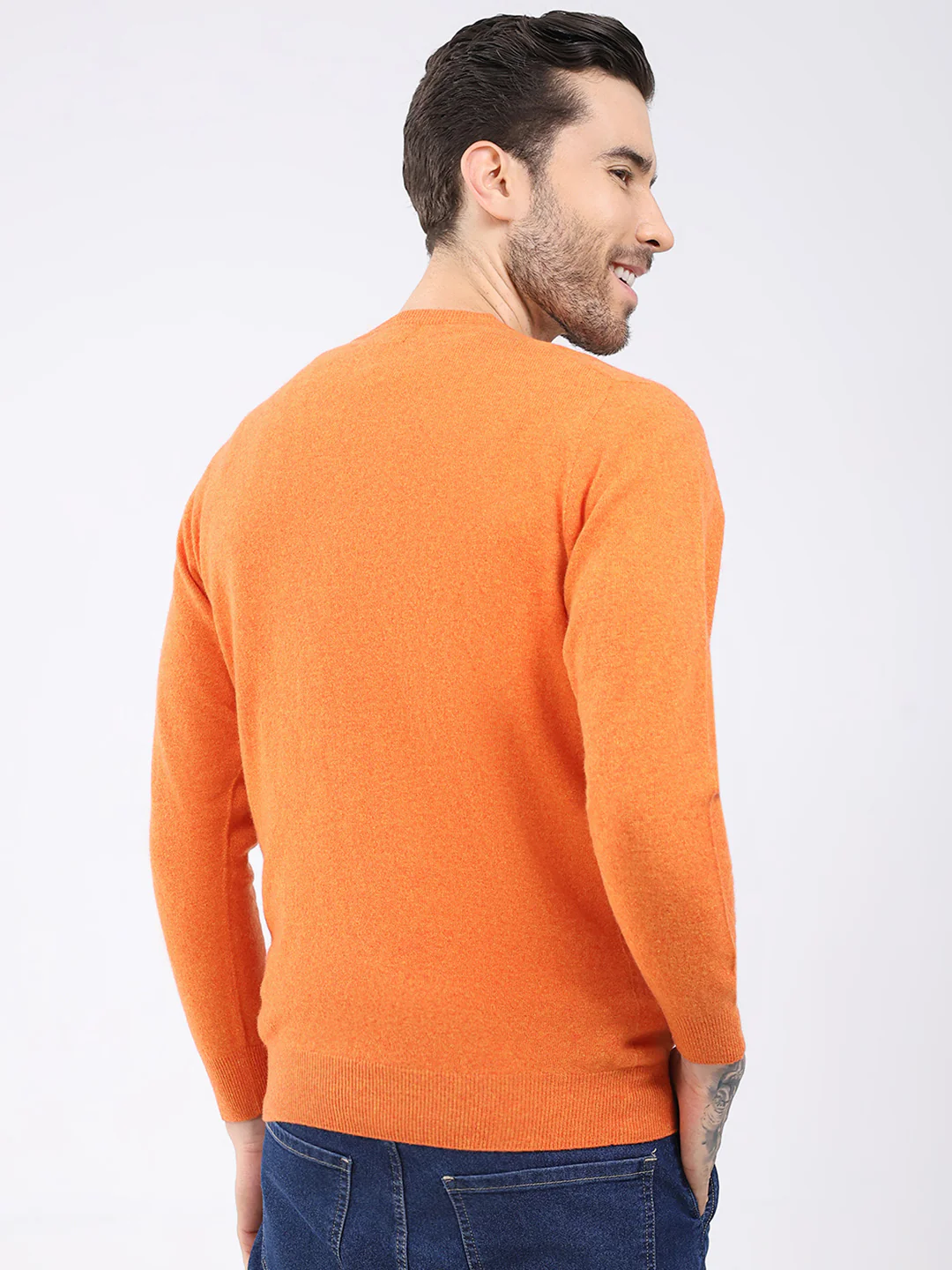 Luxuria Men Orange Solid V Neck Full Sleeve Pullover - Image 5