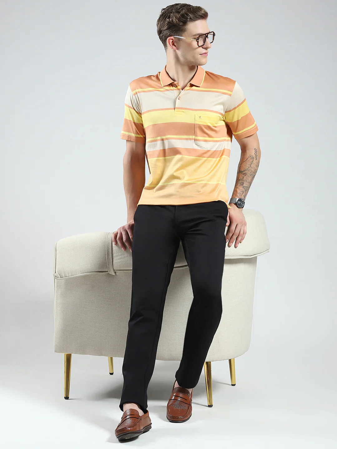 Luxuria Men Orange Stripe Collar Half Sleeve T-Shirt - Image 2