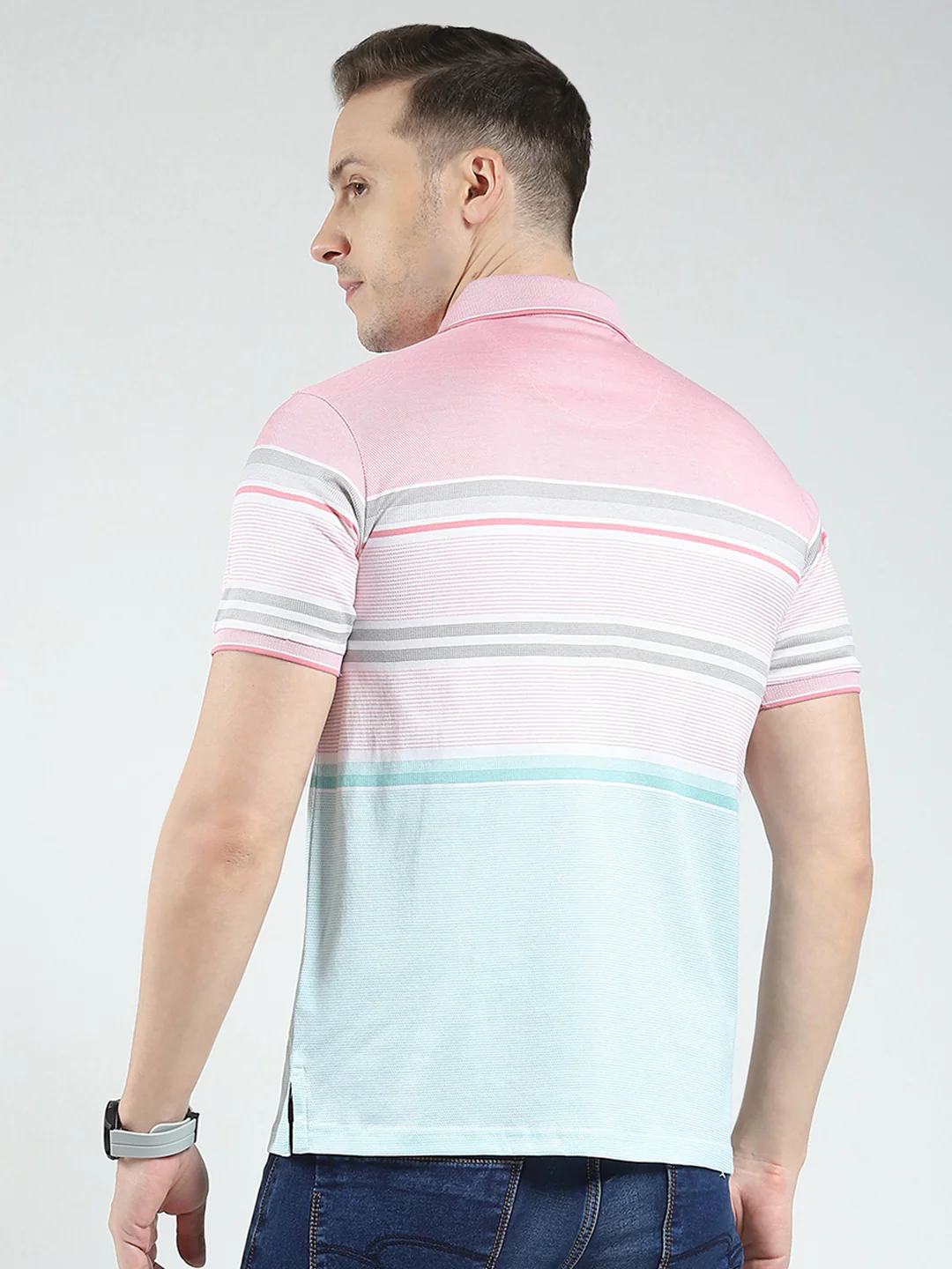 Luxuria Men Pink Stripe Collar Half Sleeve T-Shirt - Image 5