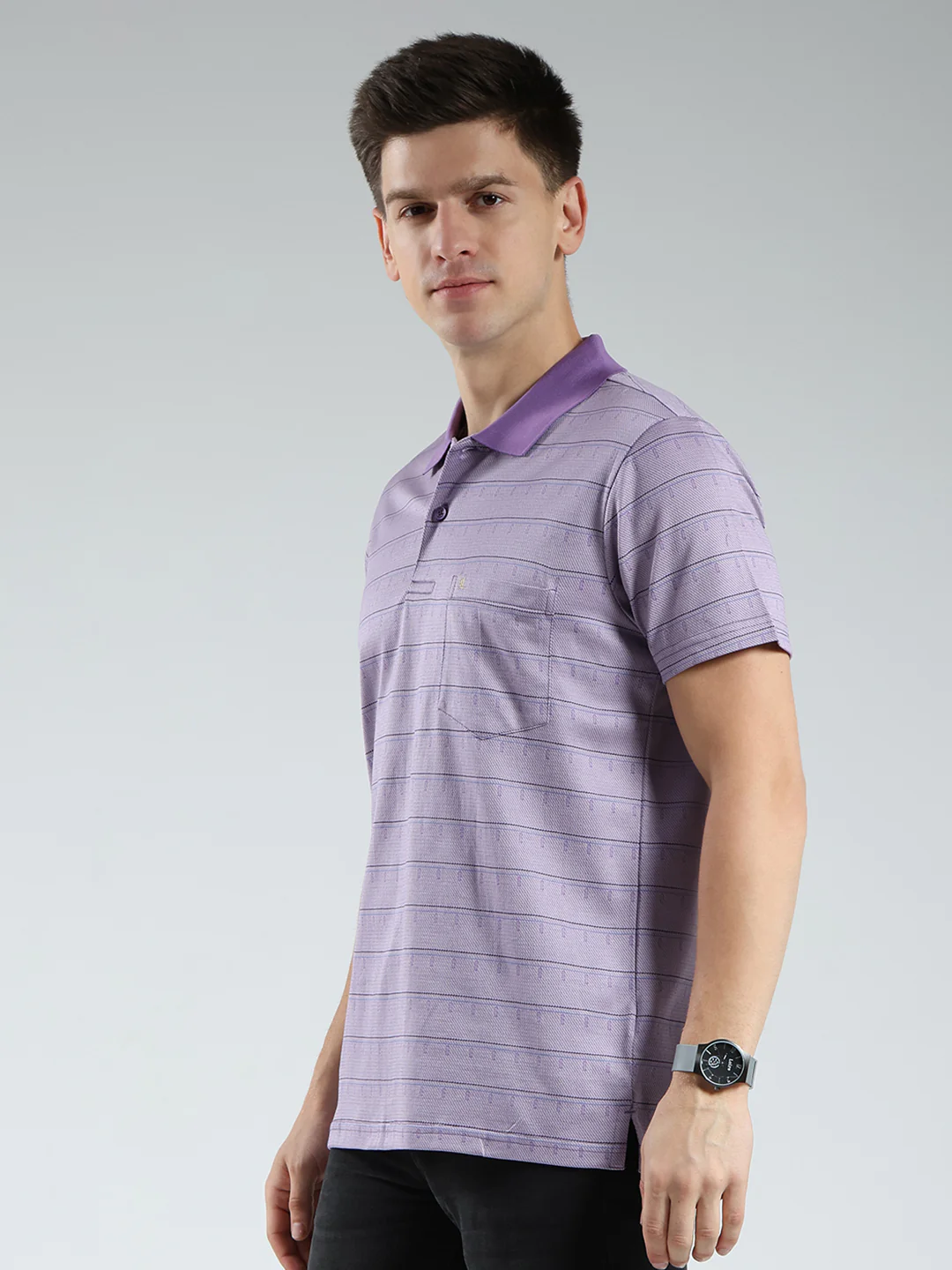 Luxuria Men Purple Stripe Collar Half Sleeve T-Shirt - Image 3