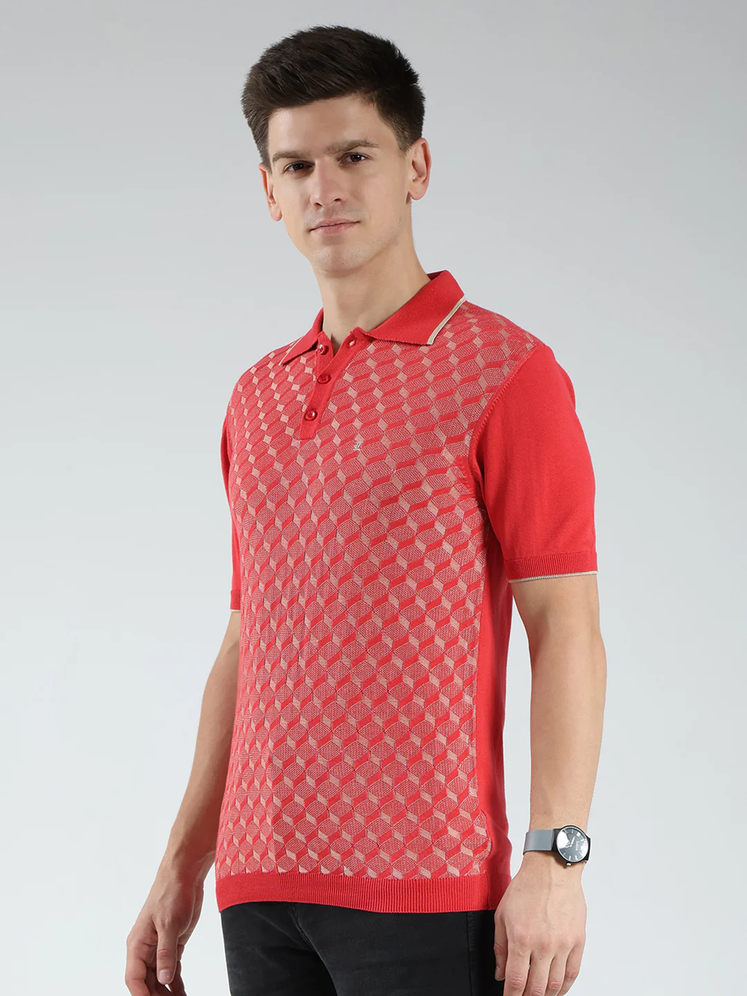 Luxuria Men Red Printed Collar Half Sleeve T-Shirt - Image 3
