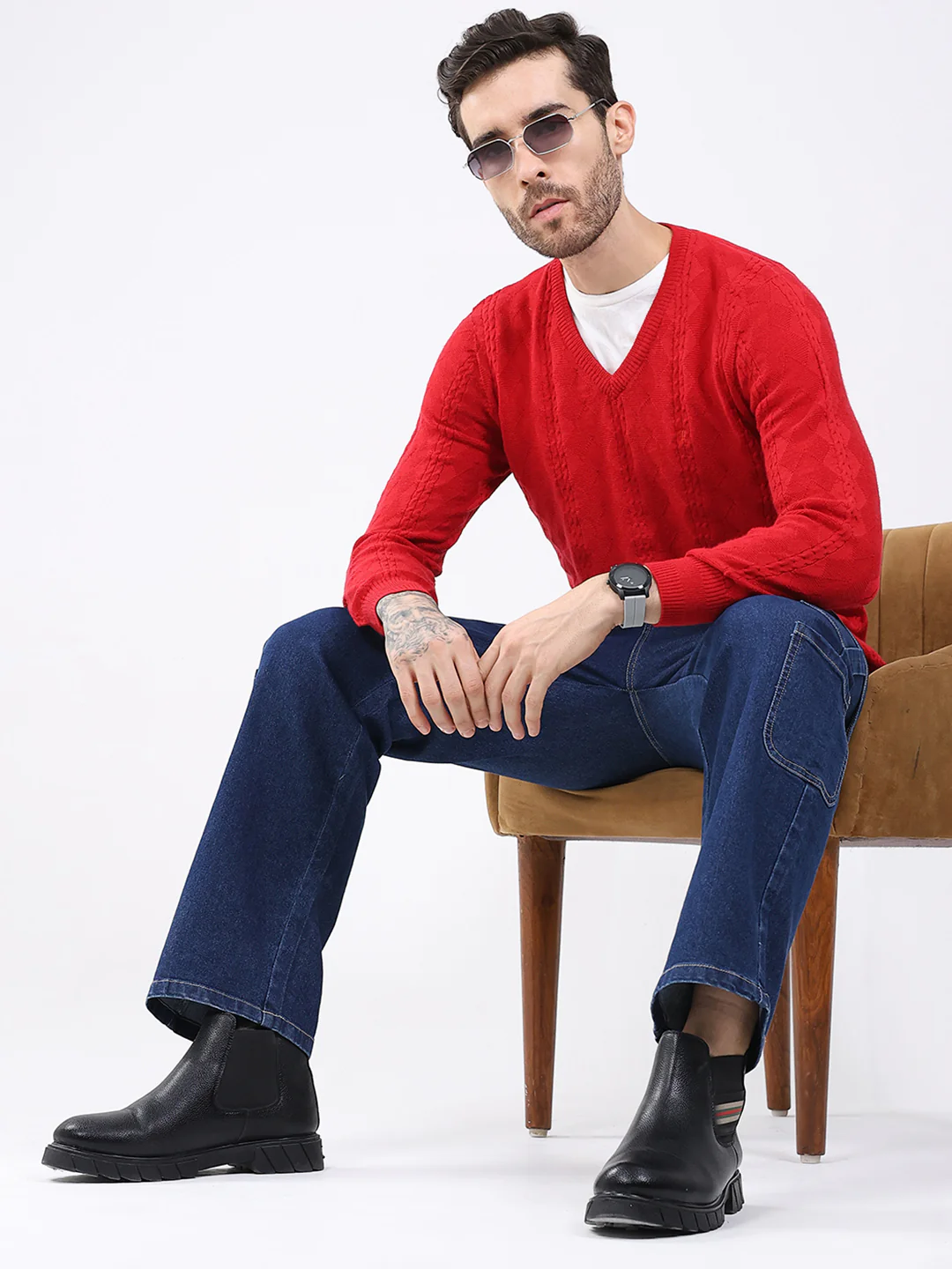 Luxuria Men Red Self Design V Neck Full Sleeve Pullover - Image 2