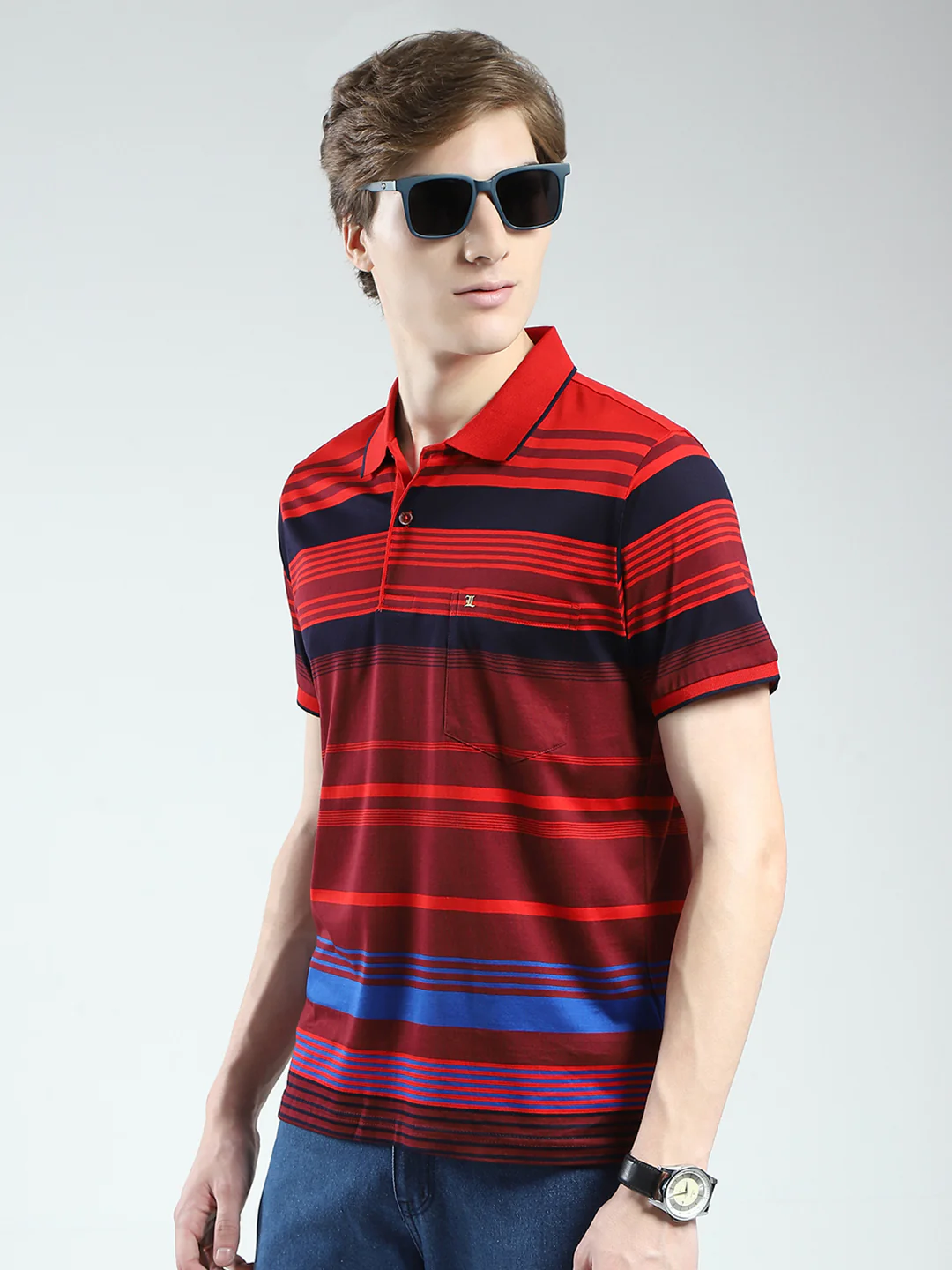 Luxuria Men Red Stripe Collar Half Sleeve T-Shirt - Image 3
