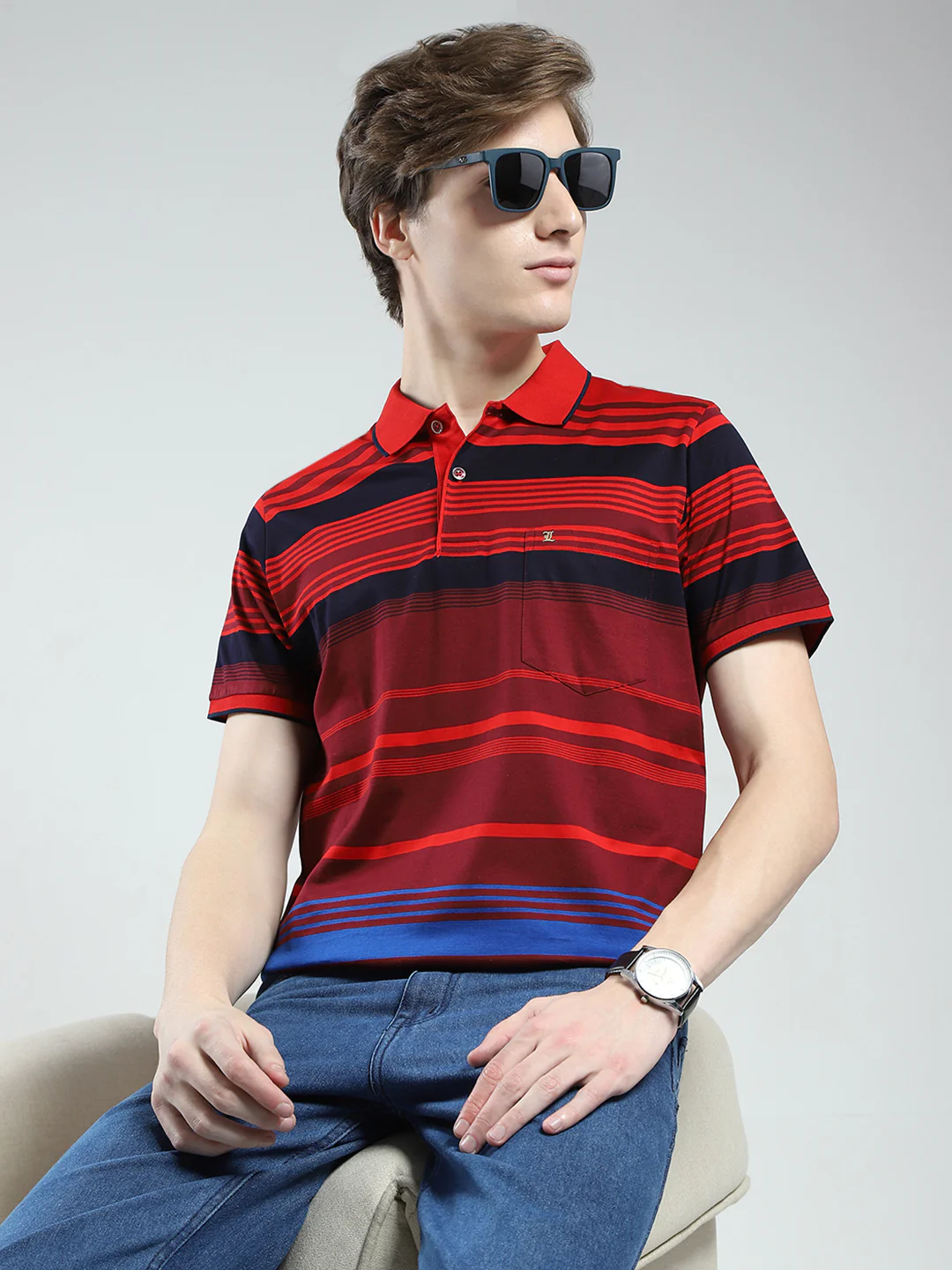 Luxuria Men Red Stripe Collar Half Sleeve T-Shirt - Image 6