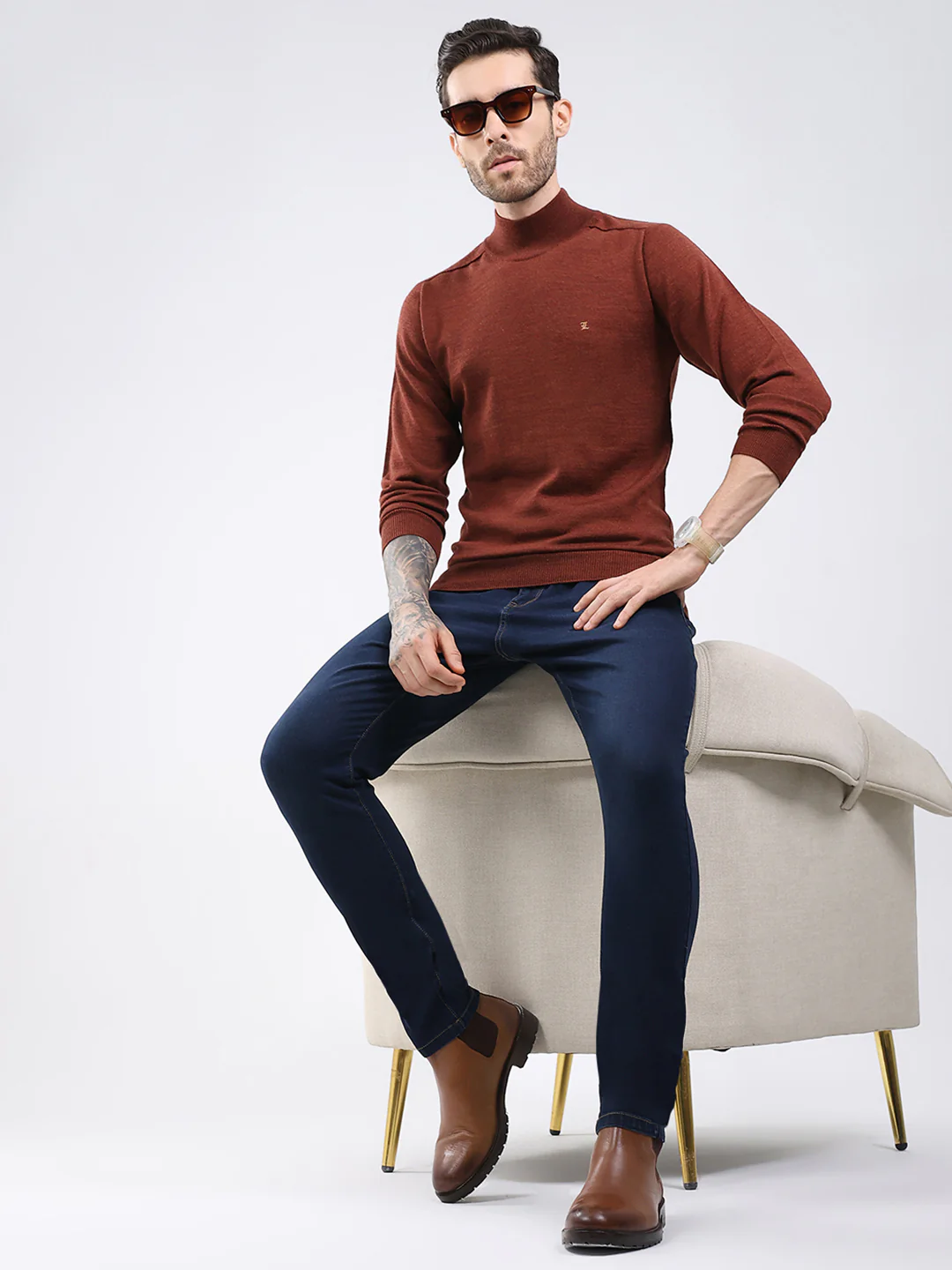 Luxuria Men Rust Solid High Neck Full Sleeve Pullover - Image 2