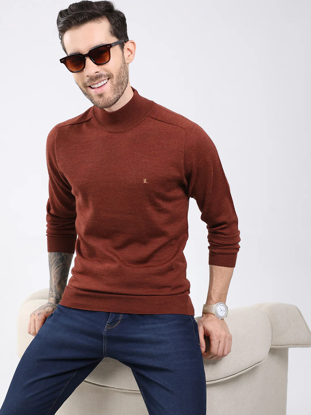 Luxuria Men Rust Solid High Neck Full Sleeve Pullover - Image 6