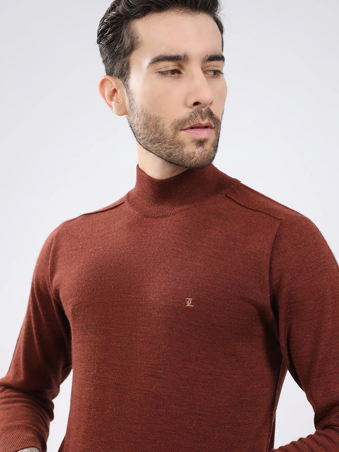 Luxuria Men Rust Solid High Neck Full Sleeve Pullover - Image 7