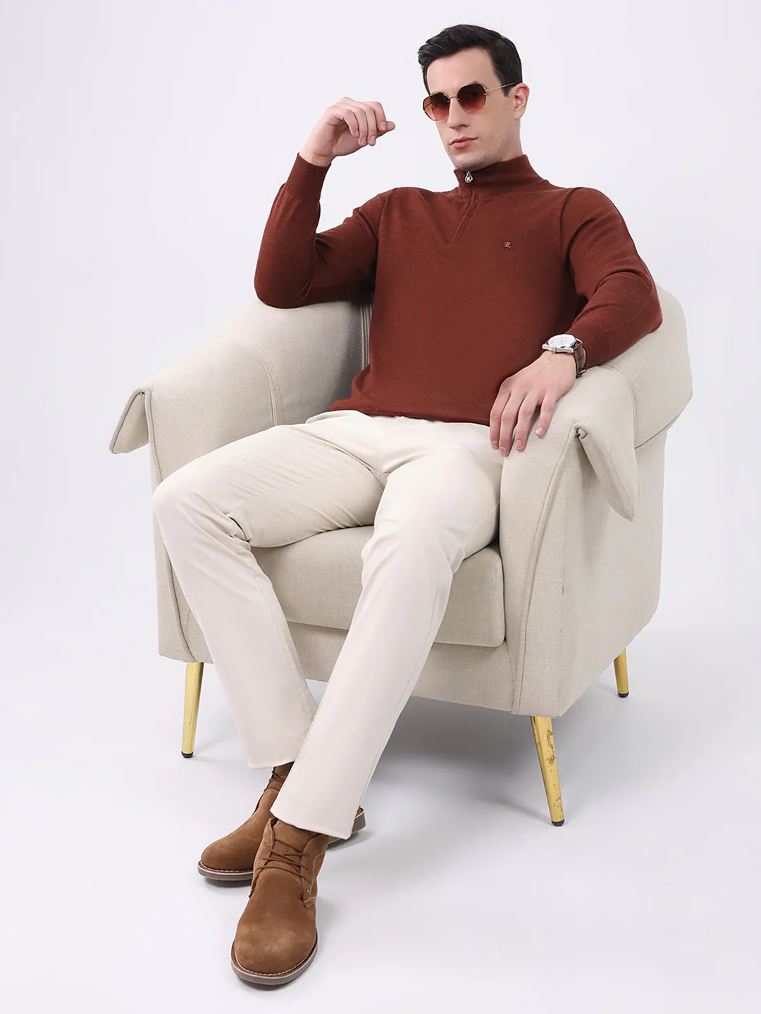 Luxuria Men Rust Solid Mock Neck Full Sleeve Pullover - Image 2