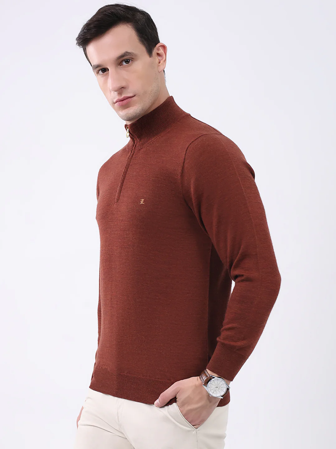 Luxuria Men Rust Solid Mock Neck Full Sleeve Pullover - Image 3