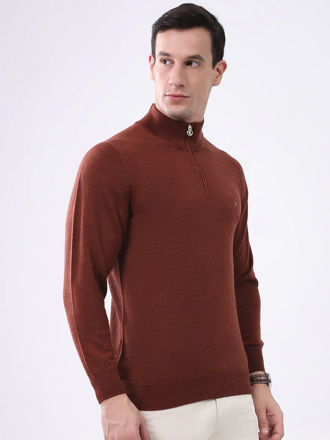 Luxuria Men Rust Solid Mock Neck Full Sleeve Pullover - Image 4