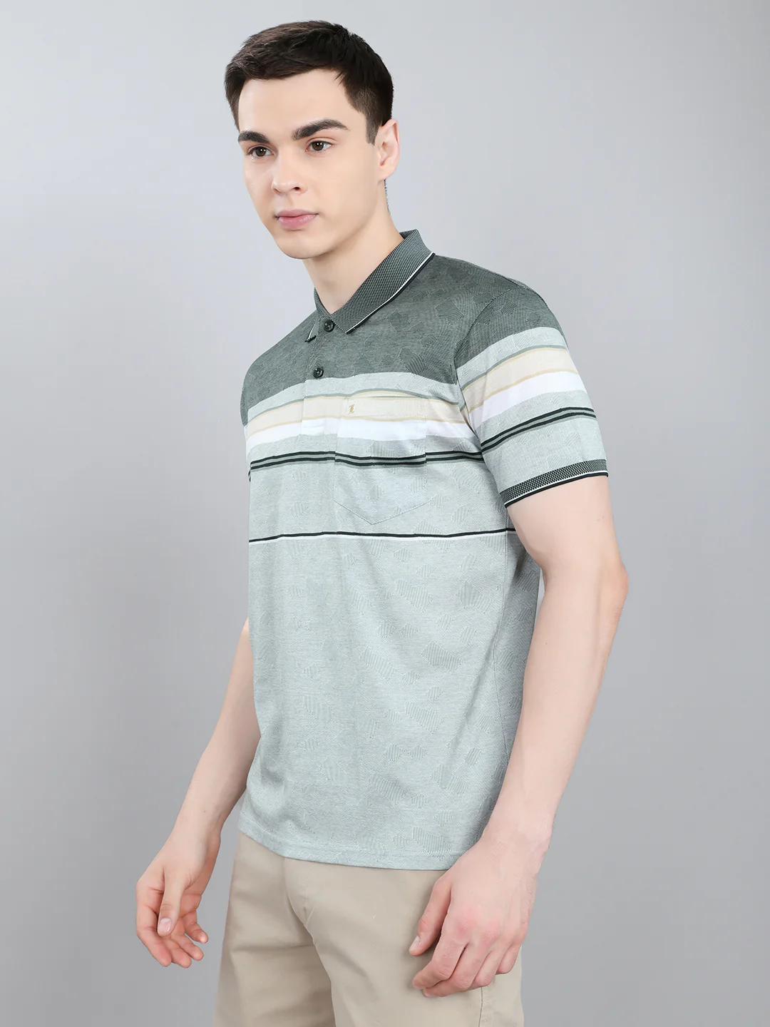 Luxuria Men Sea Green Stripe Collar Half Sleeve T-Shirt - Image 2