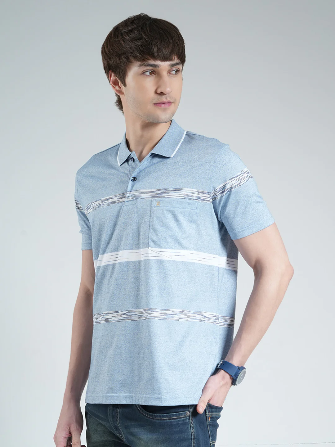 Luxuria Men Sky Blue Stripe Collar Half Sleeve T-Shirt - Image 3