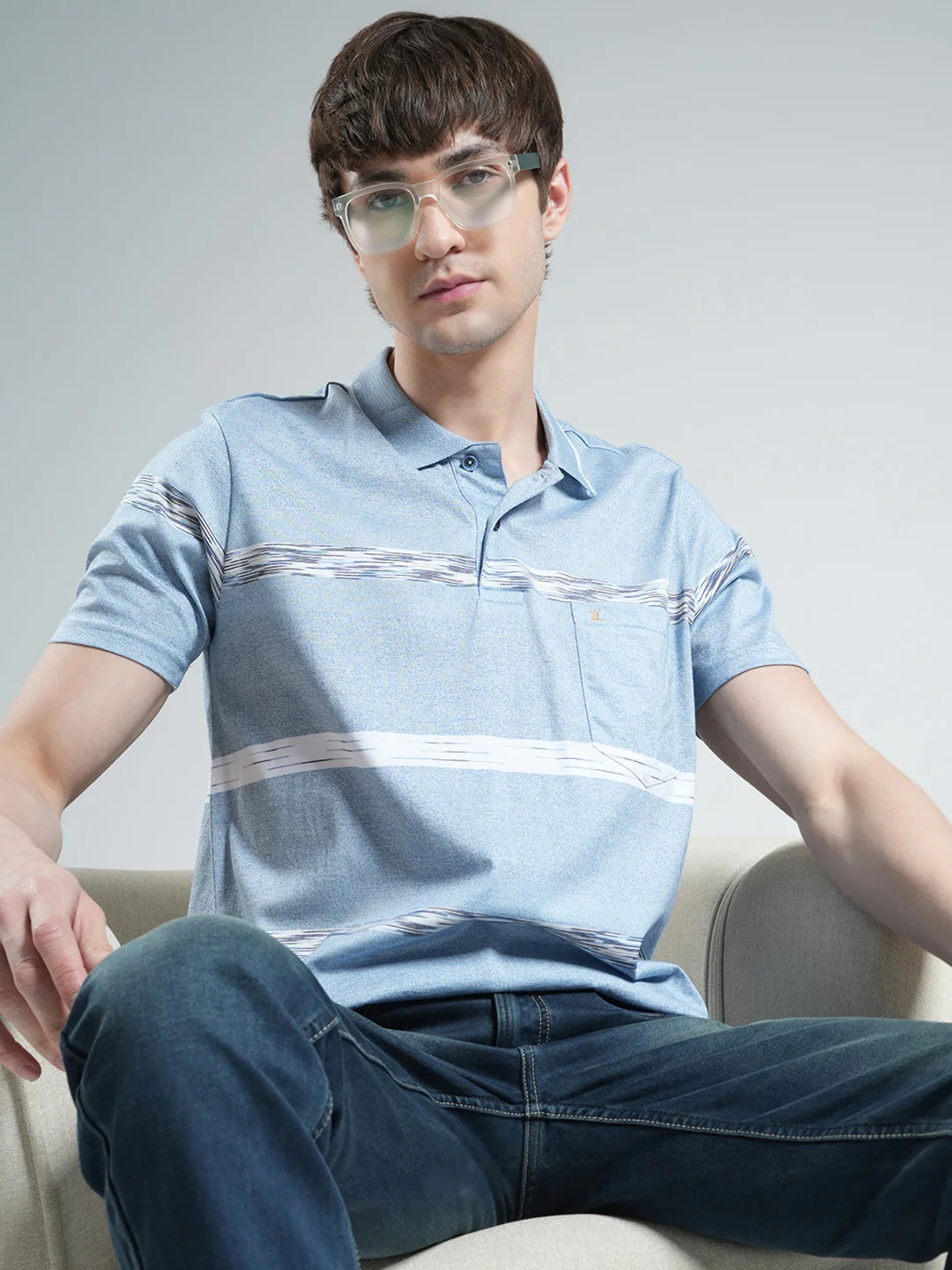 Luxuria Men Sky Blue Stripe Collar Half Sleeve T-Shirt - Image 6