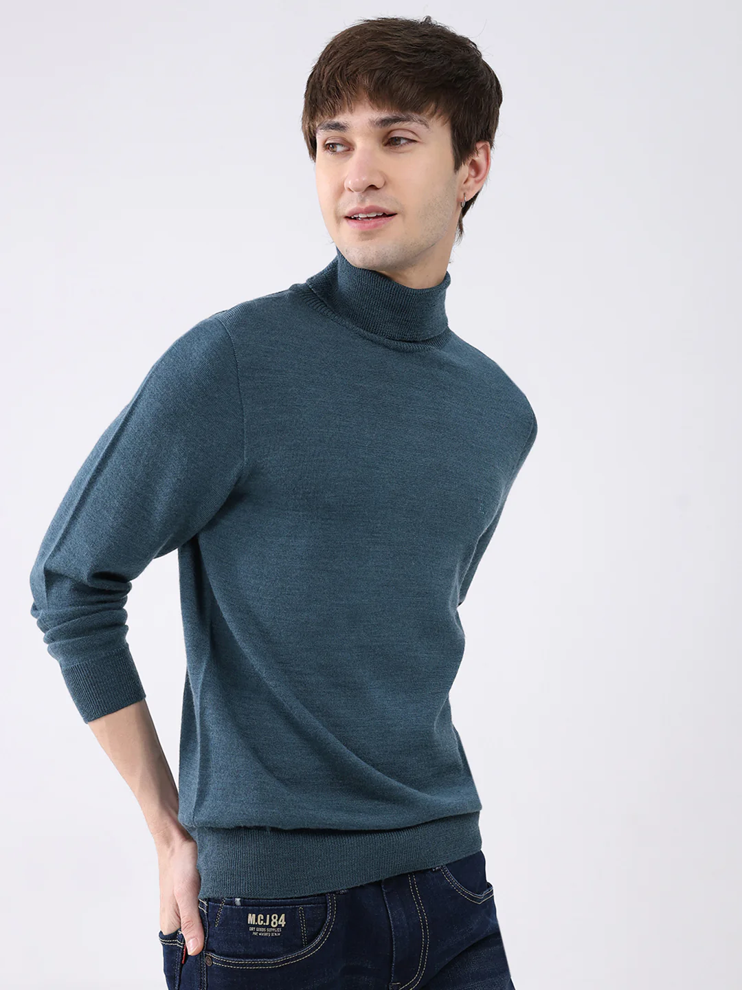 Luxuria Men Teal Blue Solid High Neck Full Sleeve Pullover - Image 4