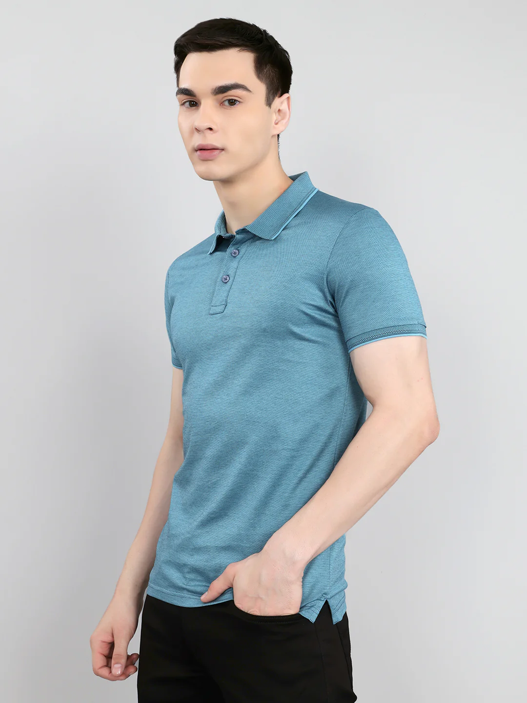Luxuria Men Turquoise Blue Solid Collar Half Sleeve T-Shirt - Image 2