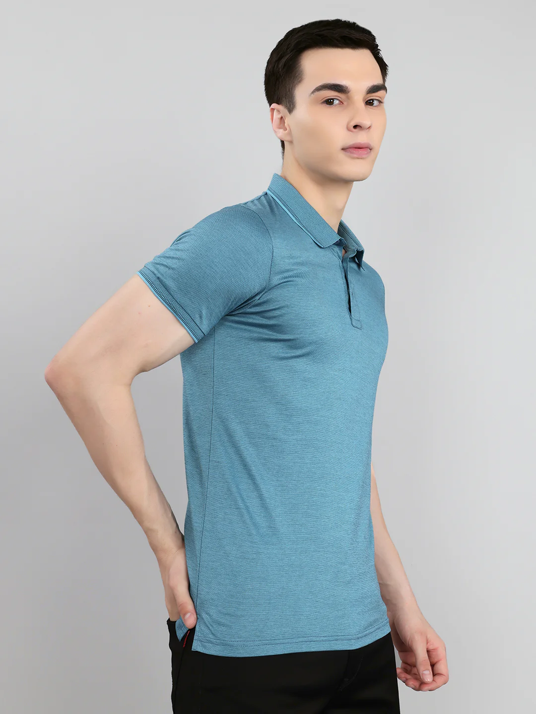 Luxuria Men Turquoise Blue Solid Collar Half Sleeve T-Shirt - Image 3