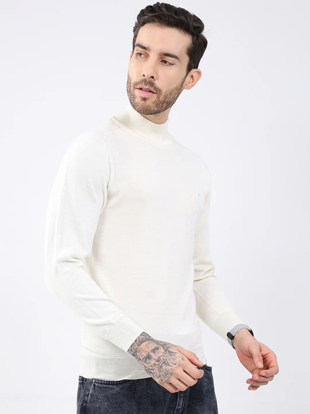 Luxuria Men White Solid High Neck Full Sleeve Pullover - Image 4