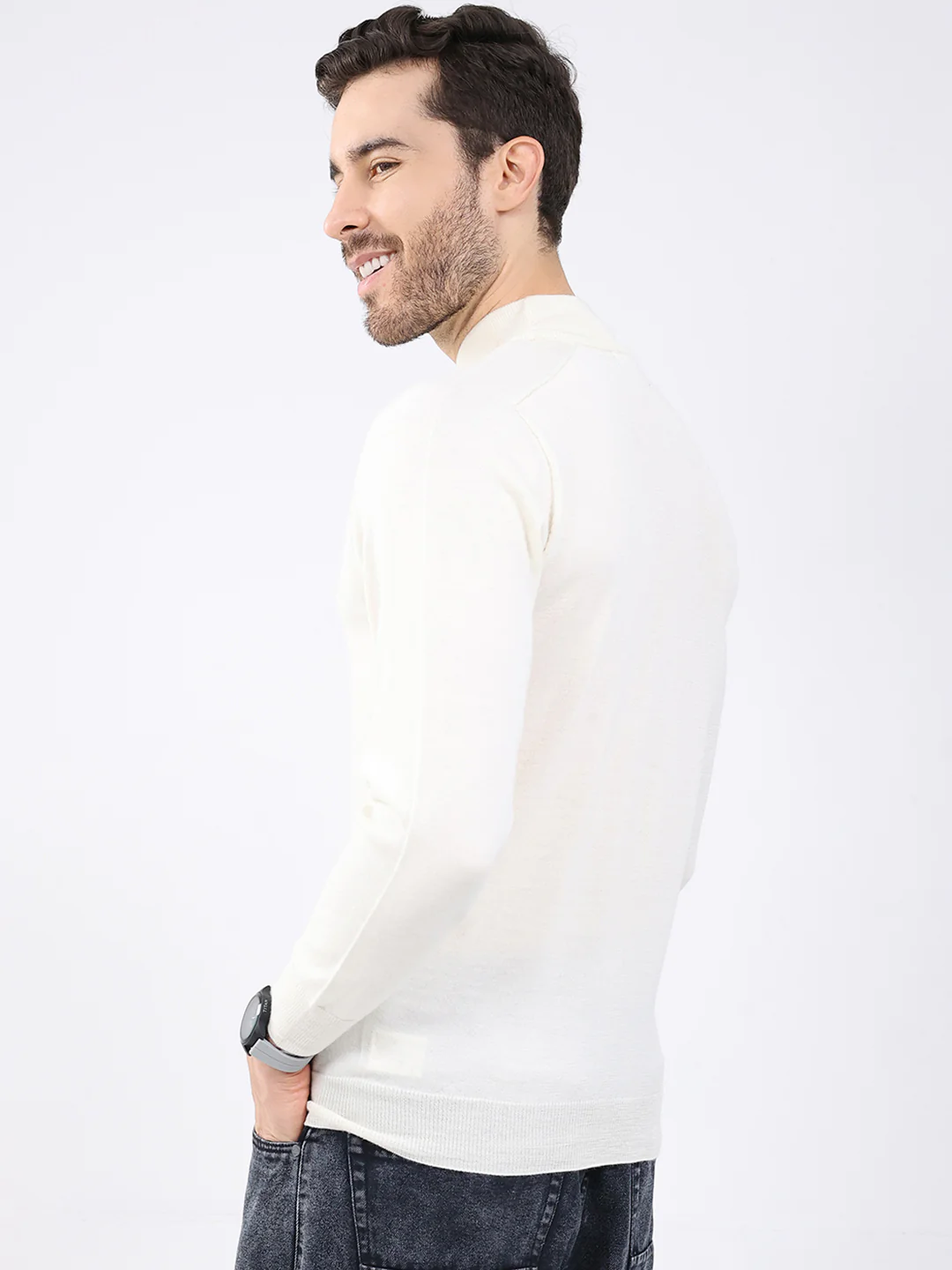 Luxuria Men White Solid High Neck Full Sleeve Pullover - Image 5
